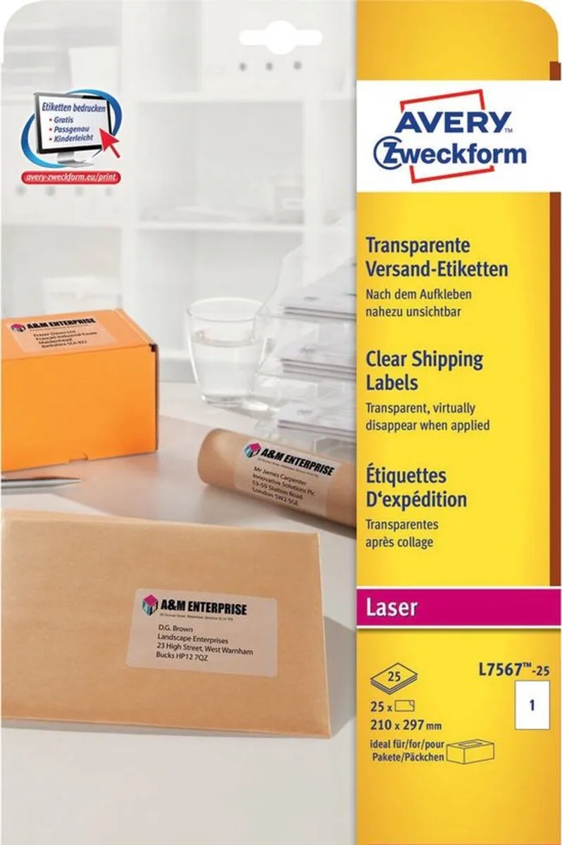 Avery Transparante Stickers 210x297mm - 25 Stuks