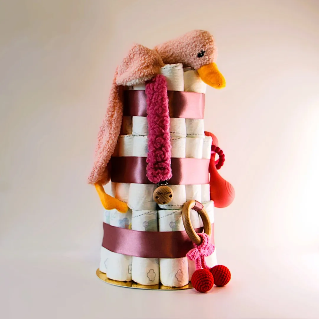 Pampers Luiertaart Meisje Roze - Kraamcadeau met Knuffeldoek Eend