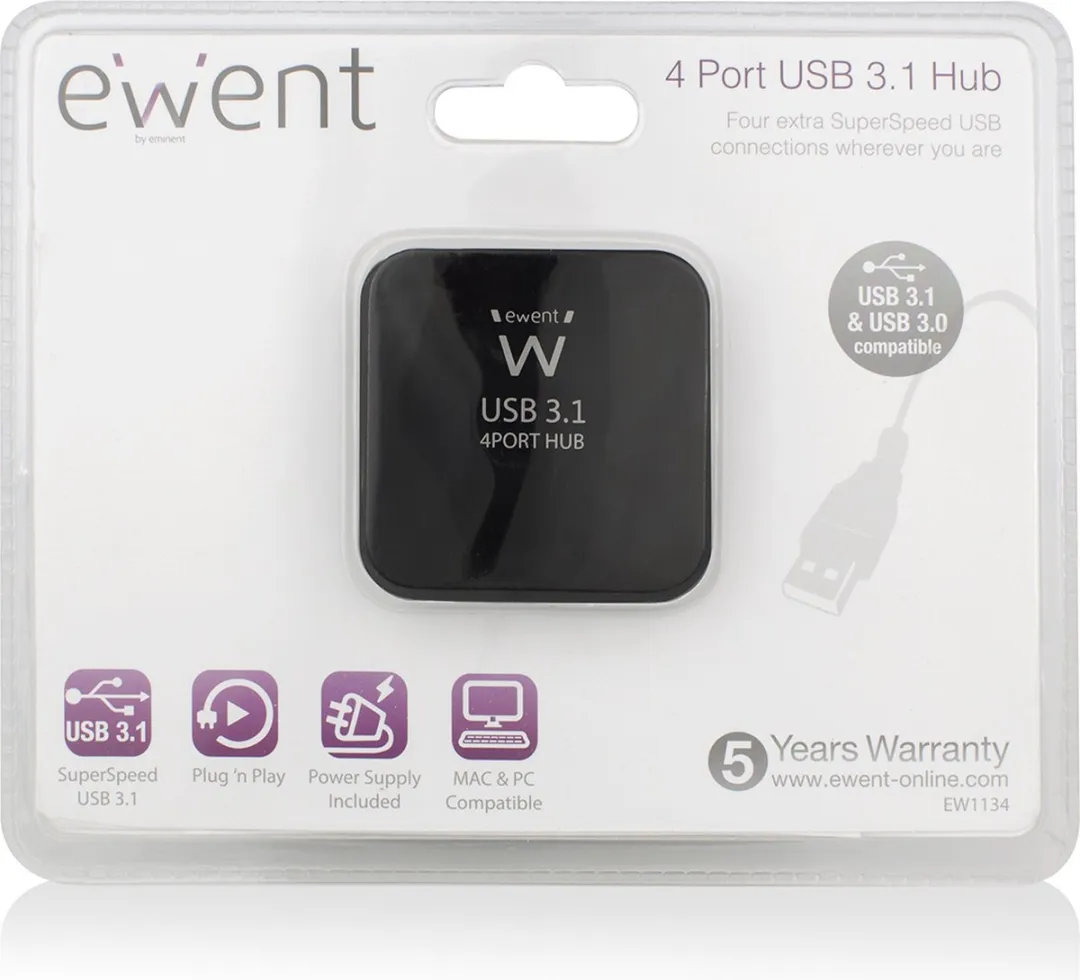 Ewent EW1134 USB Hub 4x USB 3.1 - Zwart - afbeelding 2 van 6