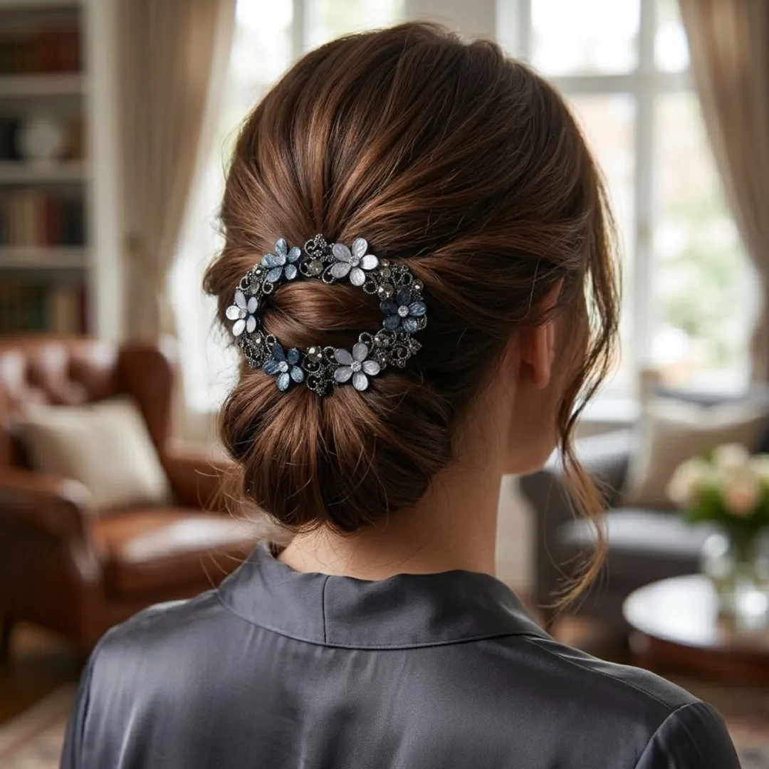 NuveX Haarclip Bloemen Zwart/Blauw - Strass Rechthoek