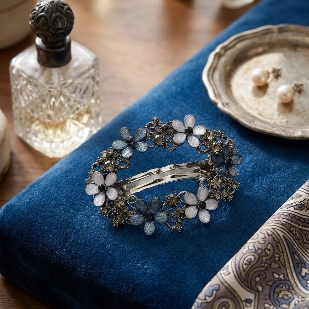 NuveX Haarclip Bloemen Zwart/Blauw - Strass Rechthoek
