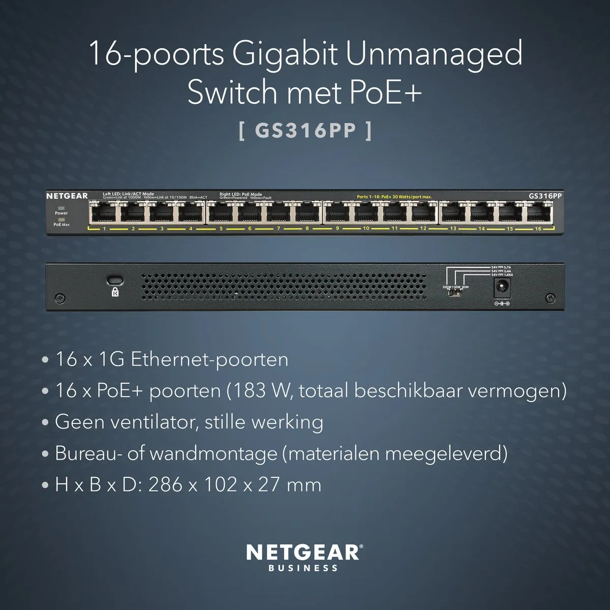 Netgear GS316PP 16-Poort PoE Switch - 16x PoE 1Gbps