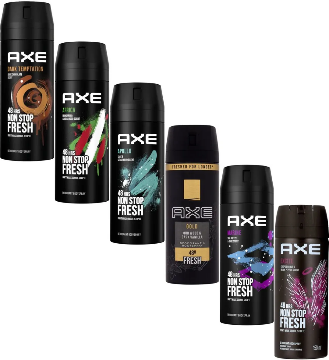 Axe Deodorantspray 2X Dark Temptation & 2x Africa/Apollo/Gold/Marine/Excite