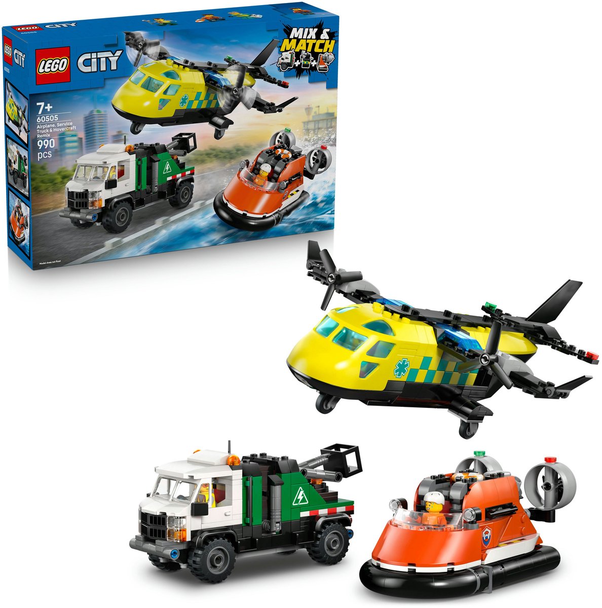 LEGO City speelset vliegtuig, onderhoudsvoertuig en luchtkussenboot.