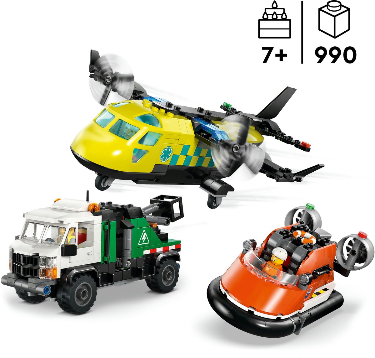 LEGO City speelset vliegtuig, onderhoudsvoertuig en luchtkussenboot.