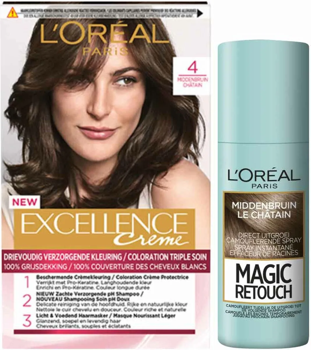 L'Oréal Paris Excellence Crème Haarverf Middenbruin + Magic Retouch Spray 75ml