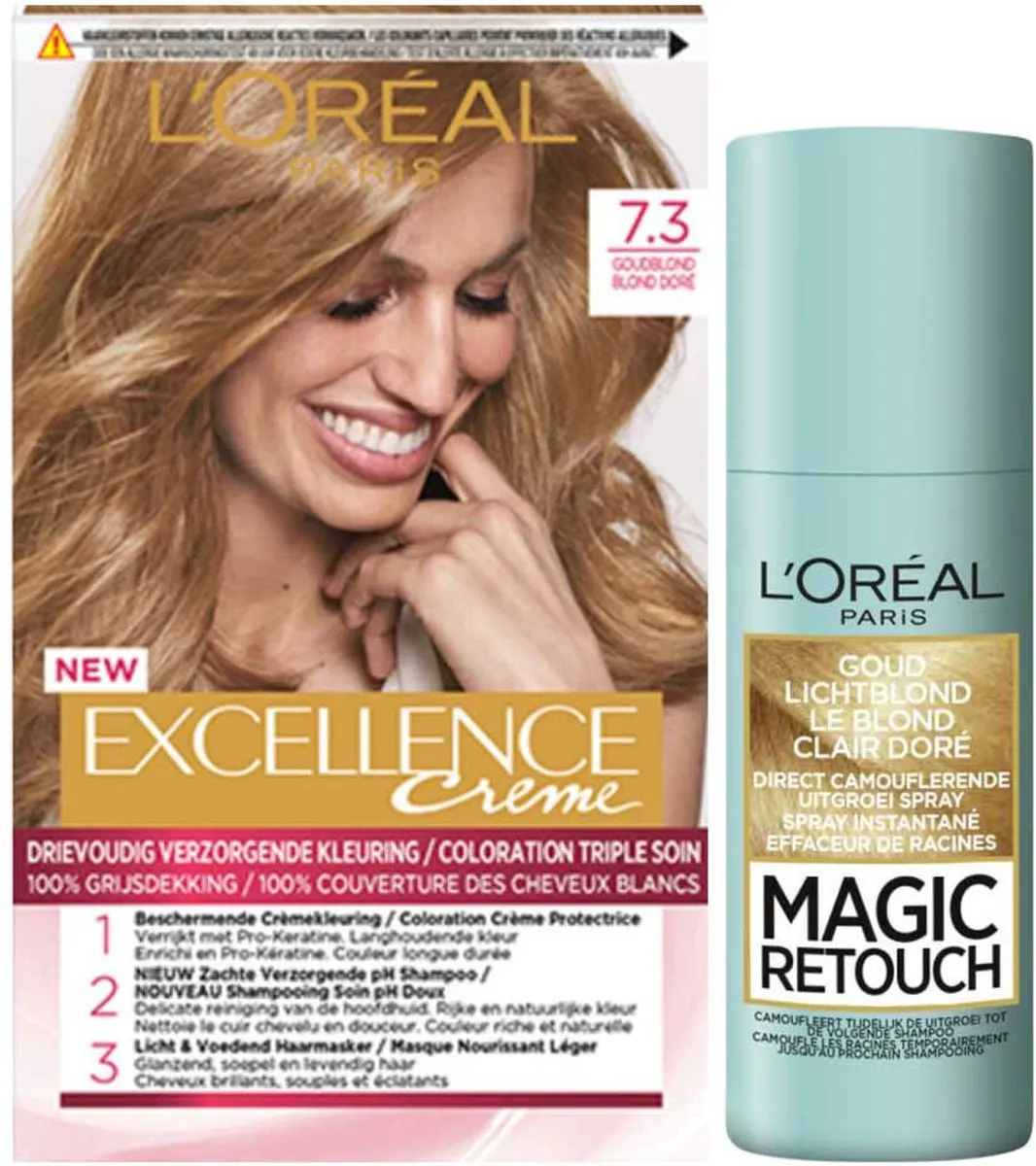 L'Oréal Paris Excellence Crème Haarverf 7.3 Goudblond + Magic Retouch Uitgroeispray - 2 Stuks