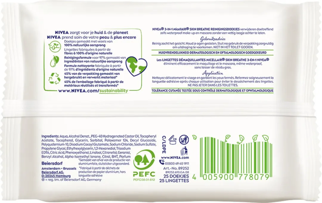 NIVEA 3-in-1 Skin Breathe Micellair Reinigingsdoekjes - 6x25 Stuks