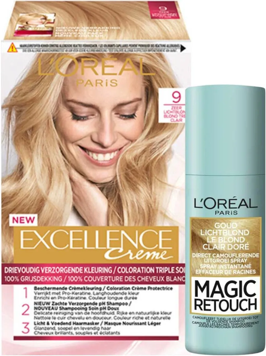L'Oréal Paris Excellence Crème 9 Zeer Licht Blond + Magic Retouch Uitgroeispray - 2 Stuks