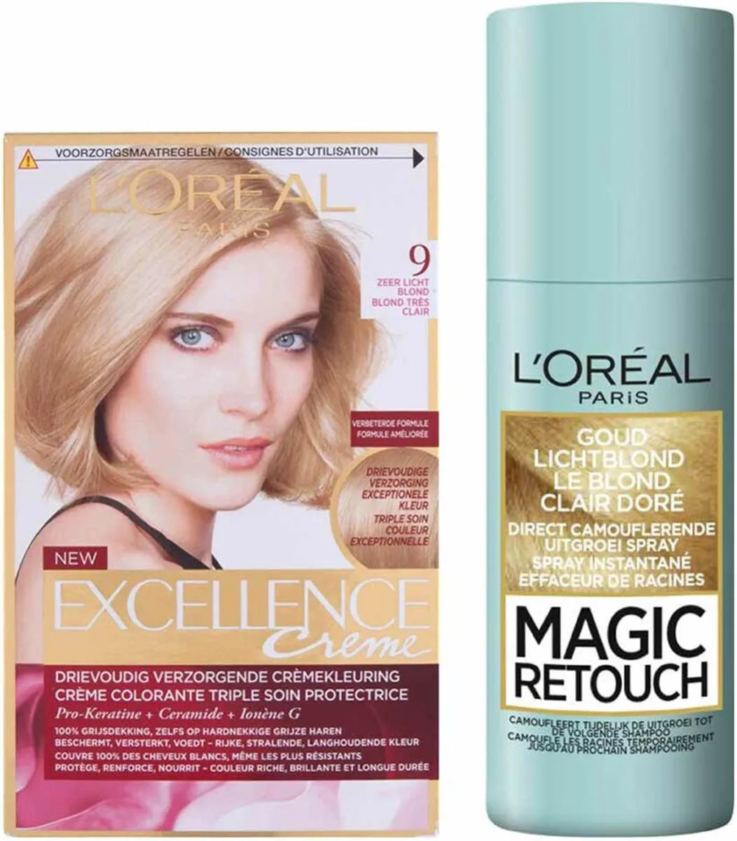 L'Oréal Paris Excellence Crème 9 Zeer Licht Blond + Magic Retouch Uitgroeispray - 2 Stuks