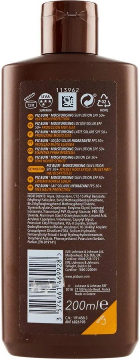 Piz Buin Hydraterende Zonnebrandlotion SPF 50+ 200ml