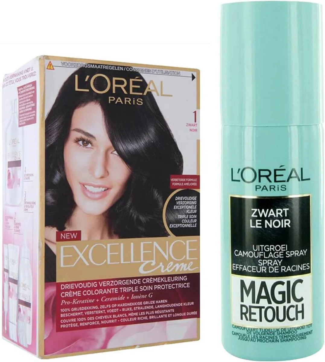 L'Oréal Excellence Crème 1 Zwart + Magic Retouch Uitgroeispray 75ml