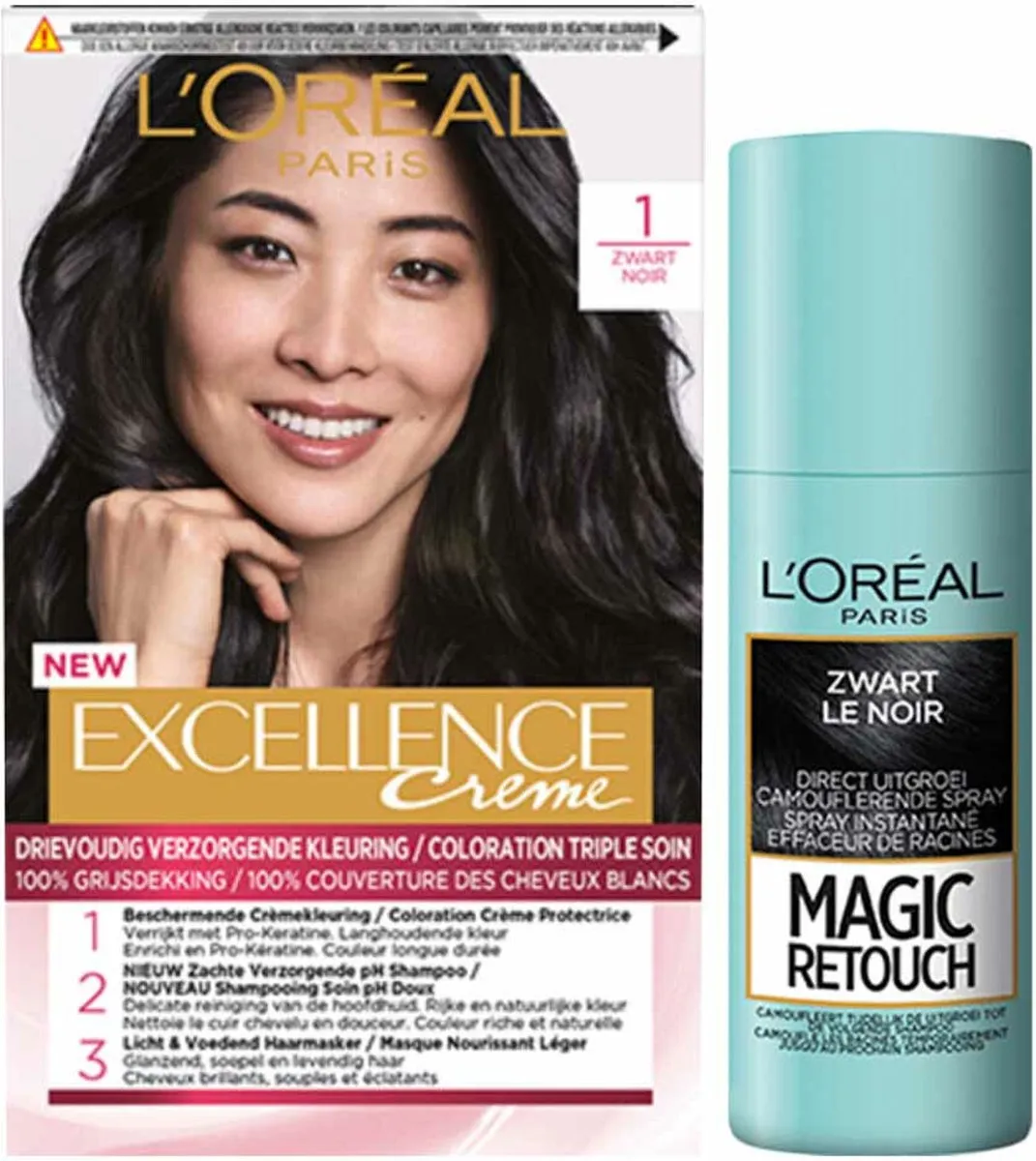 L'Oréal Excellence Crème 1 Zwart + Magic Retouch Uitgroeispray 75ml - 2 Stuks