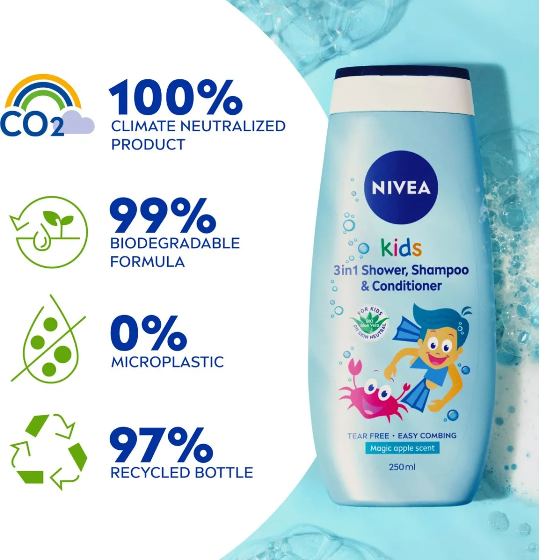 NIVEA Kids 3-in-1 Douchegel Shampoo Conditioner Appelgeur - 6x250ml - afbeelding 5 van 6