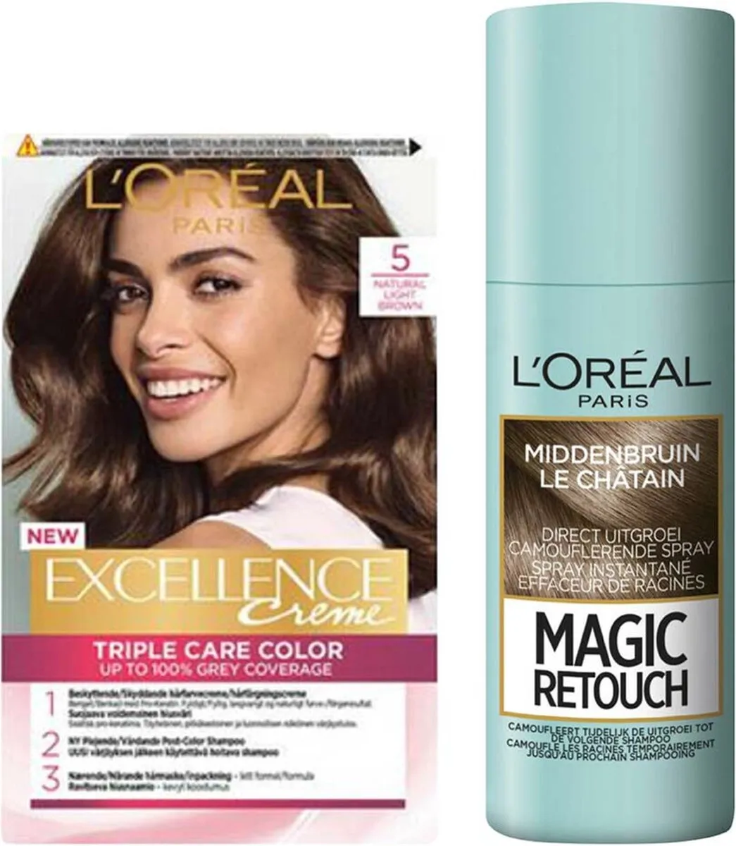 L'Oréal Excellence Crème 5 Lichtbruin + Magic Retouch Spray 75ml