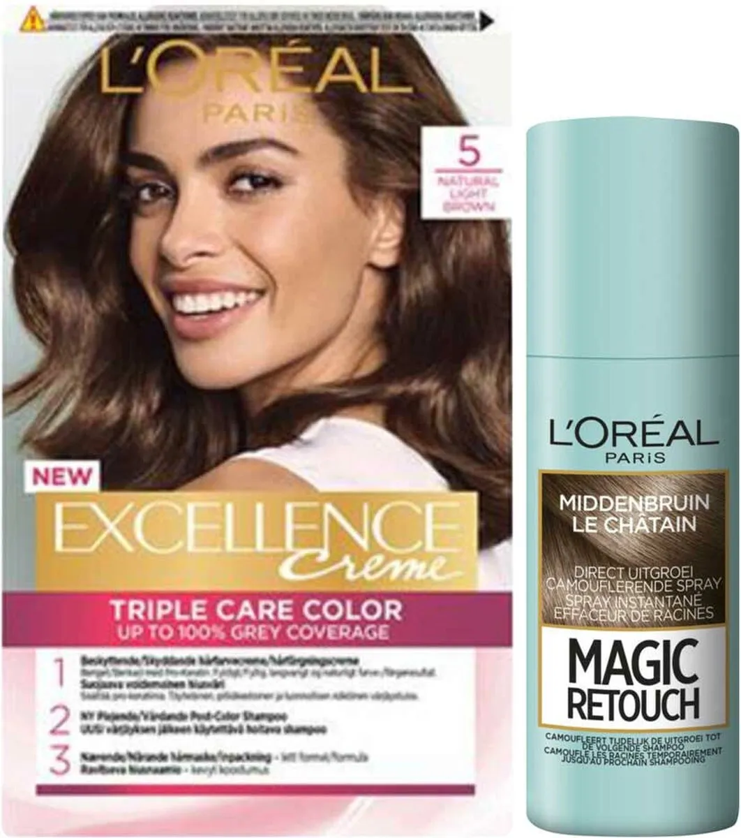 L'Oréal Excellence Crème 5 Lichtbruin + Magic Retouch Spray 75ml - 2 Stuks