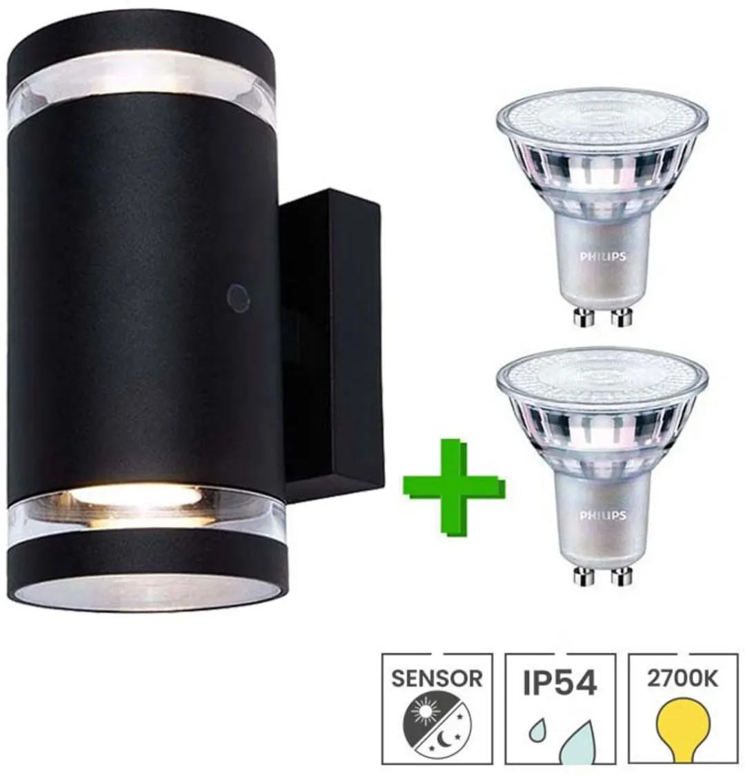 Lybardo Buitenlamp met Sensor Wandlamp - 2x LED GU10 Warmwit - Zwart