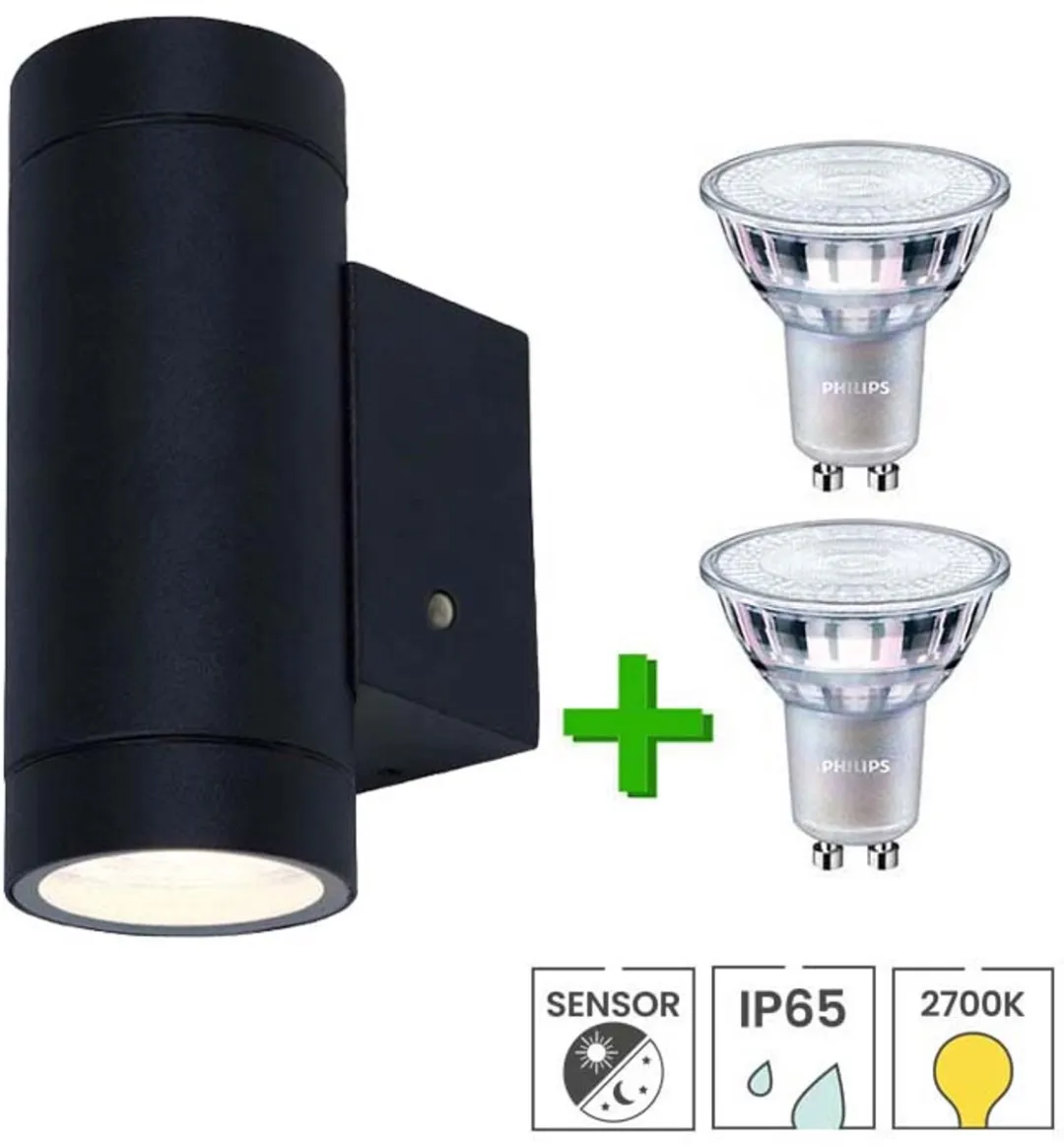 Lybardo Buitenlamp met Sensor Wandlamp - 2x LED GU10 Warmwit - Zwart