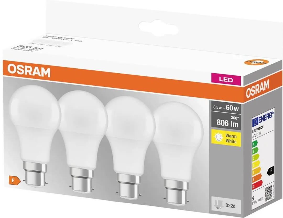 Osram BASELA60 8,5W LED Lamp B22d - 8,5W Warmwit - 10 Stuks