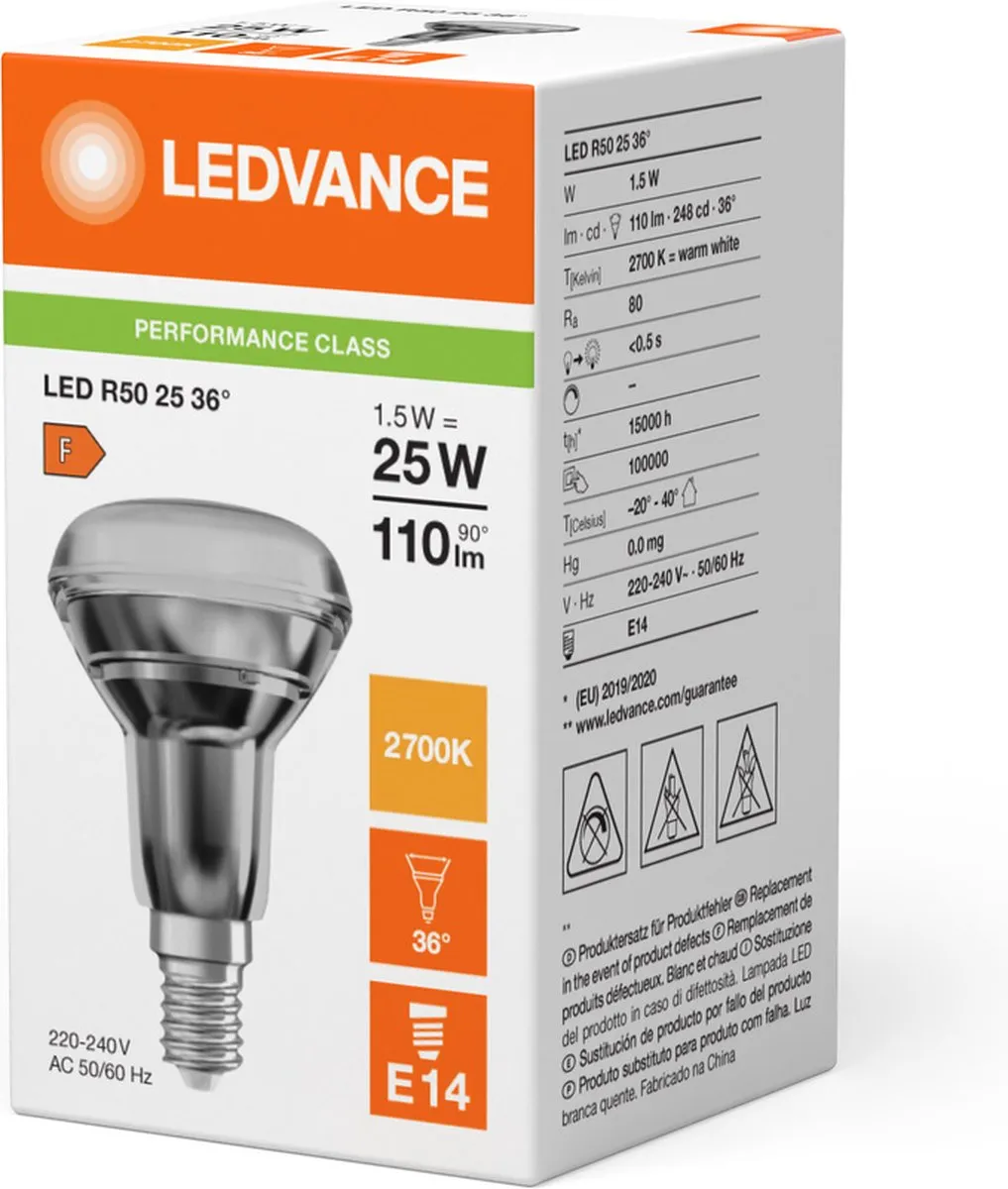 LEDVANCE LED Reflectorlamp R50 E14 1.5W - 110lm Warm Wit - Ø50mm
