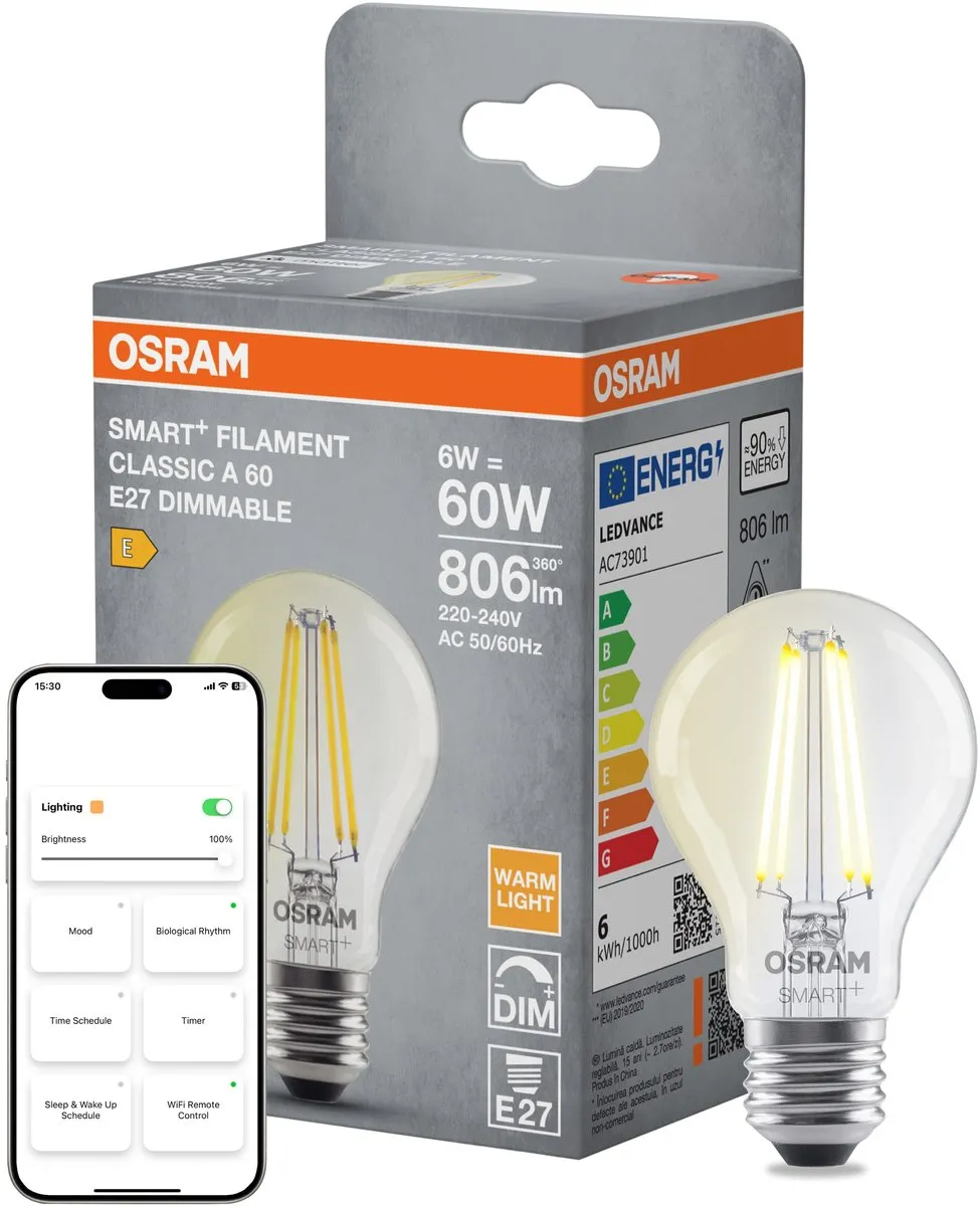 Osram Smart+ Matter E27 Peer Filament 6W - 806lm - Zeer Warm Wit