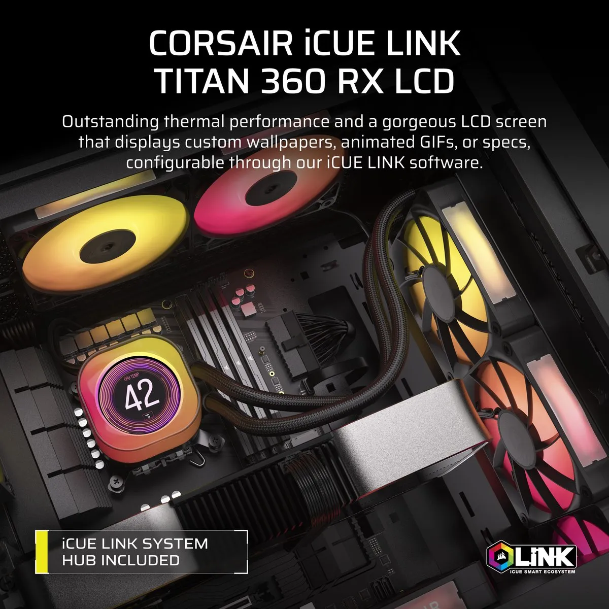 Corsair iCUE Link TITAN 360 RX LCD CPU Koeler - 360mm - 3x RX120 RGB Fans - Zwart - afbeelding 6 van 6