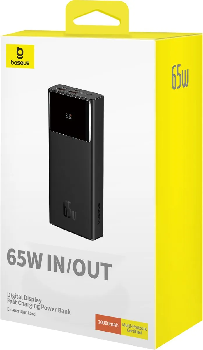 Baseus Star-Lord 65W Powerbank 20000mAh - Smartwatch/Telefoon - Zwart