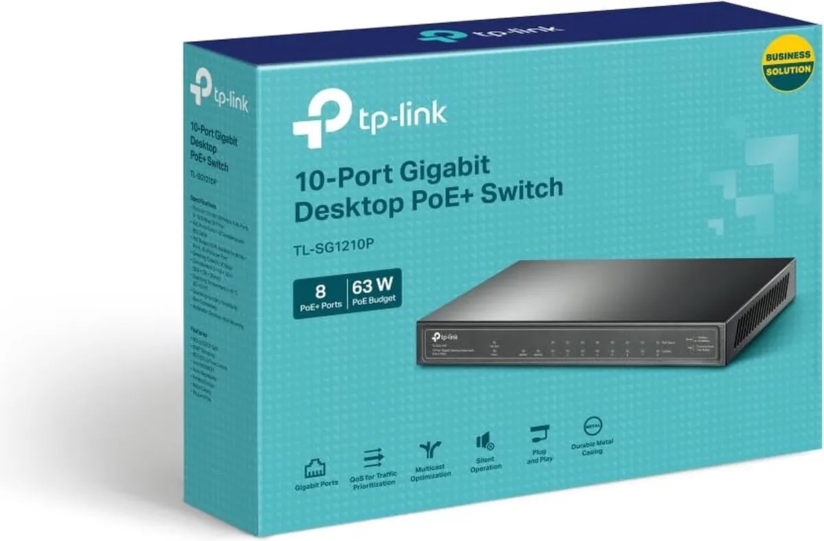 TP-Link TL-SG1210P V1 Netwerk Switch - 8x PoE 63W - 9x RJ45 1x SFP - Zwart