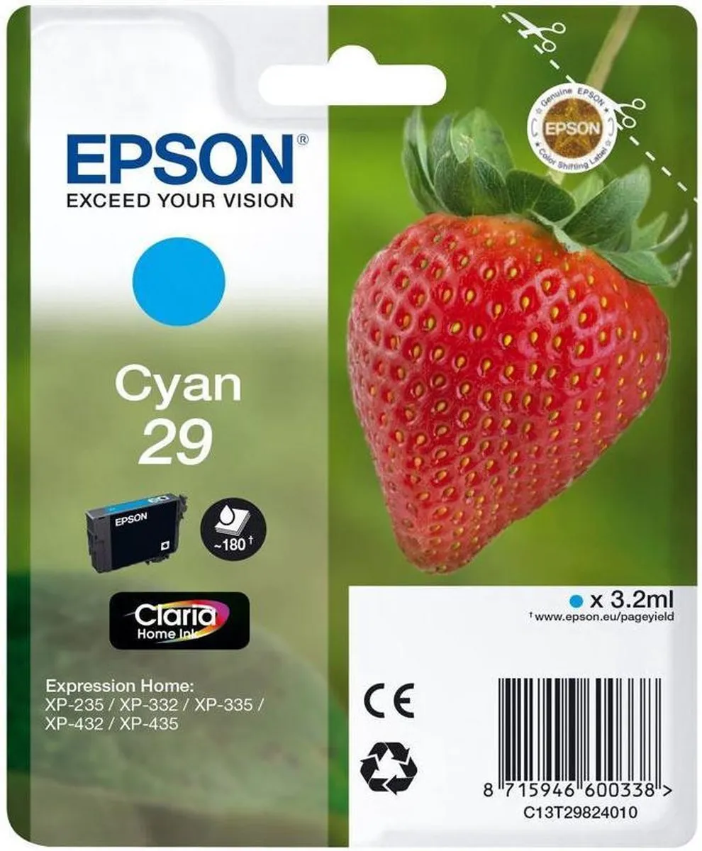 Epson C13T29824010 Inktcartridge - Cyaan - 180 Pag