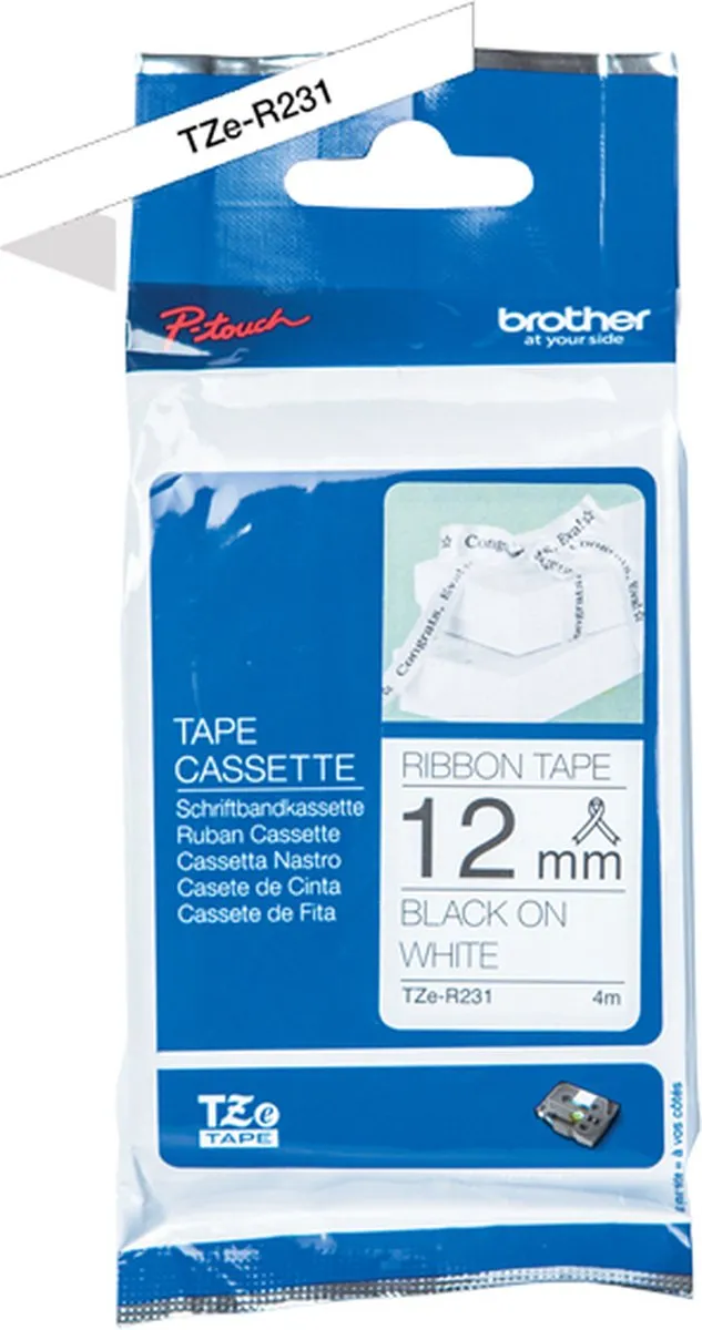 Brother TZe-R231 Labeltape Textiel 12mm Wit/Zwart 4m