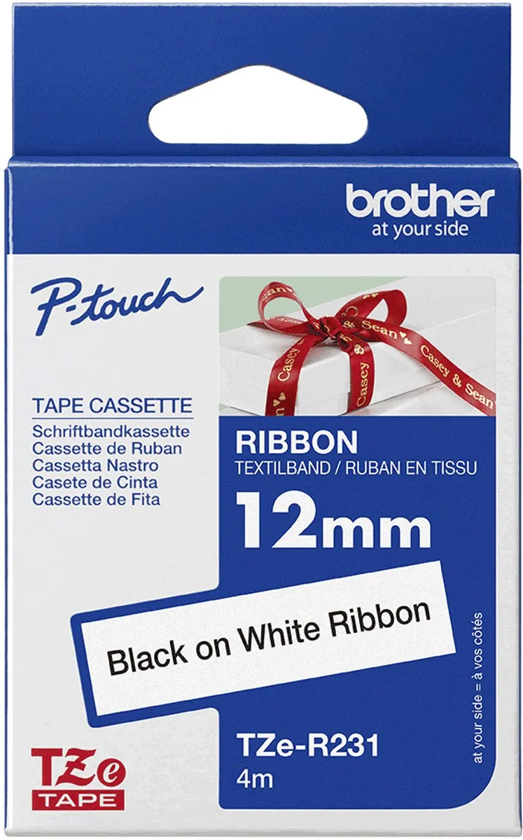 Brother TZe-R231 Labeltape Textiel 12mm Wit/Zwart 4m