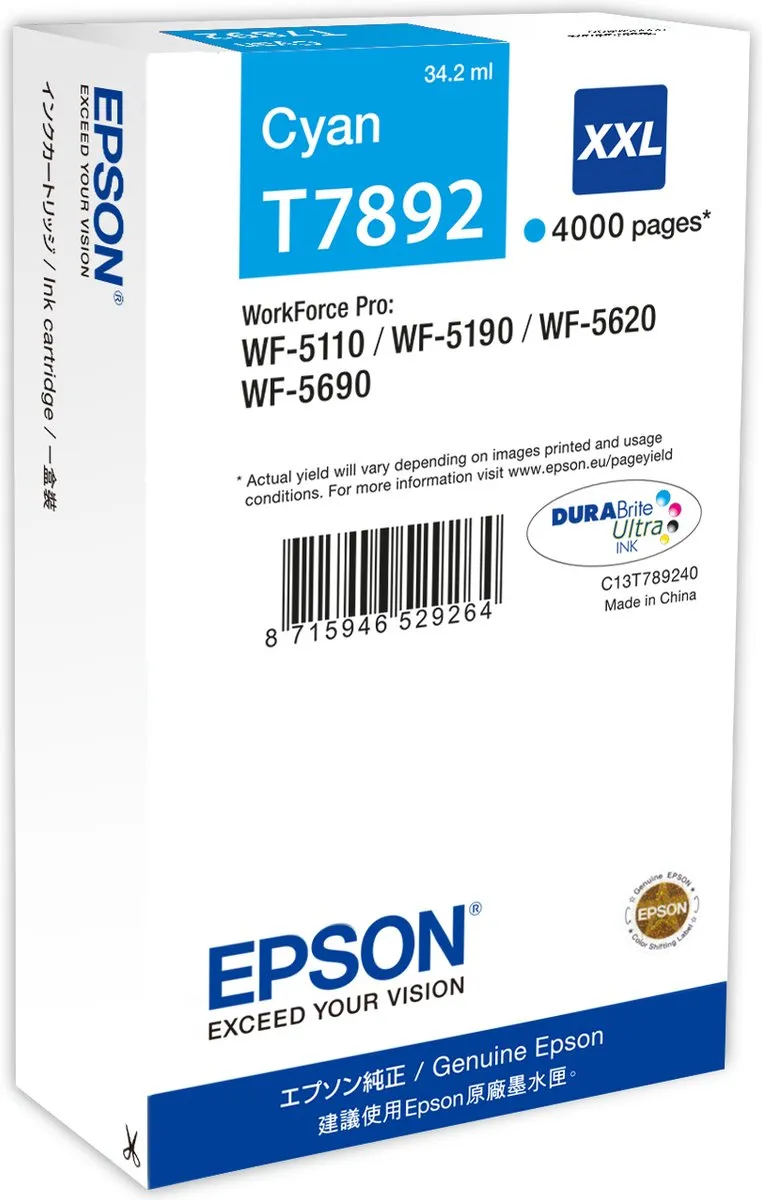 Epson T7892XXL Inktcartridge Cyaan - 4000 pagina's