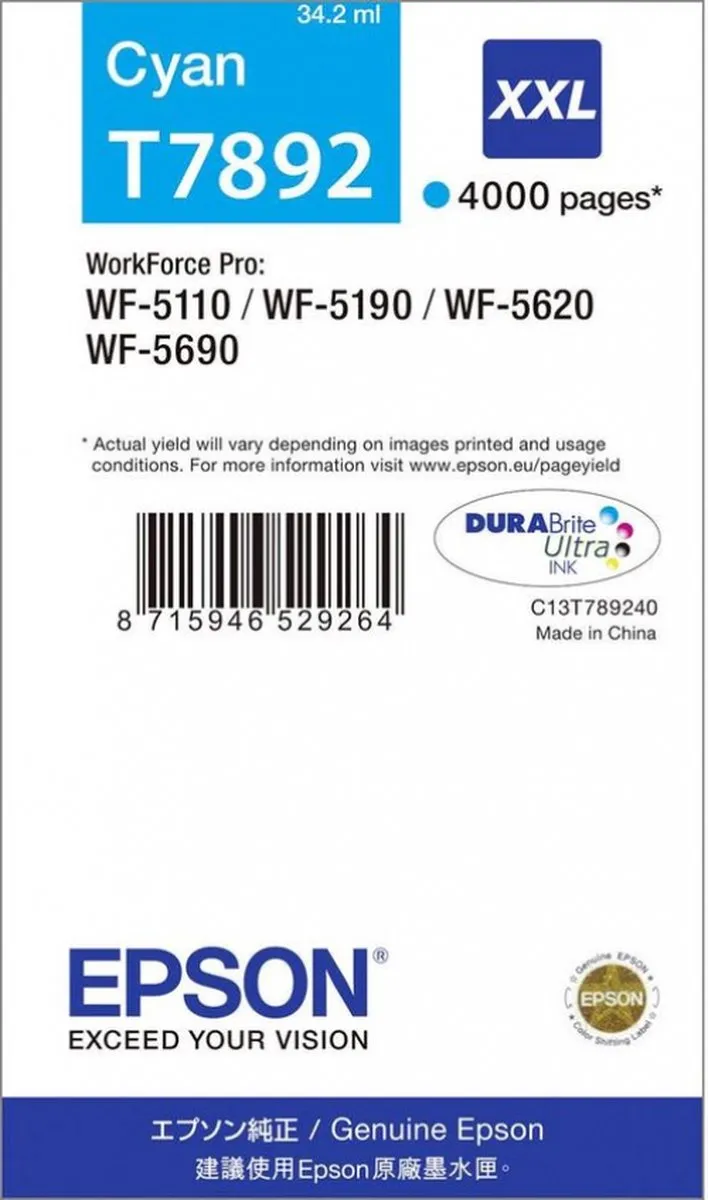 Epson T7892XXL Inktcartridge Cyaan - 4000 pagina's