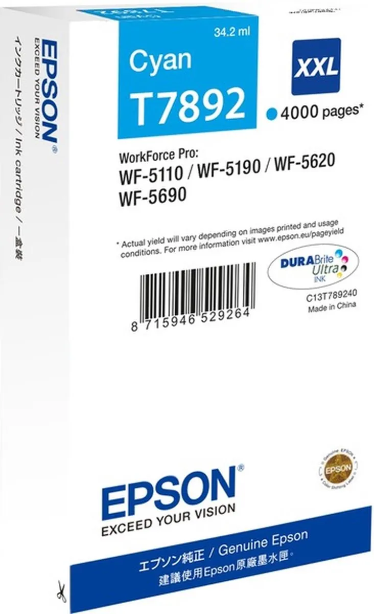 Epson T7892XXL Inktcartridge Cyaan - 4000 pagina's