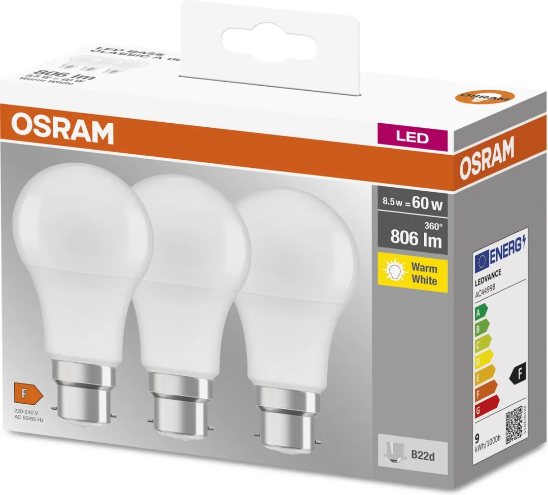 Osram LED-lamp B22d 8,5W Warm Wit Mat - 3 Stuks