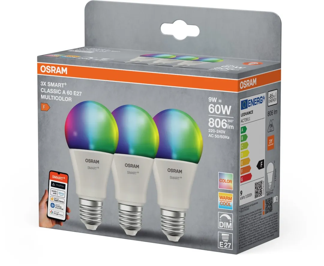 Osram SMART+ A60 RGBW E27 LED-lamp - 9W - Mat - 3 Stuks
