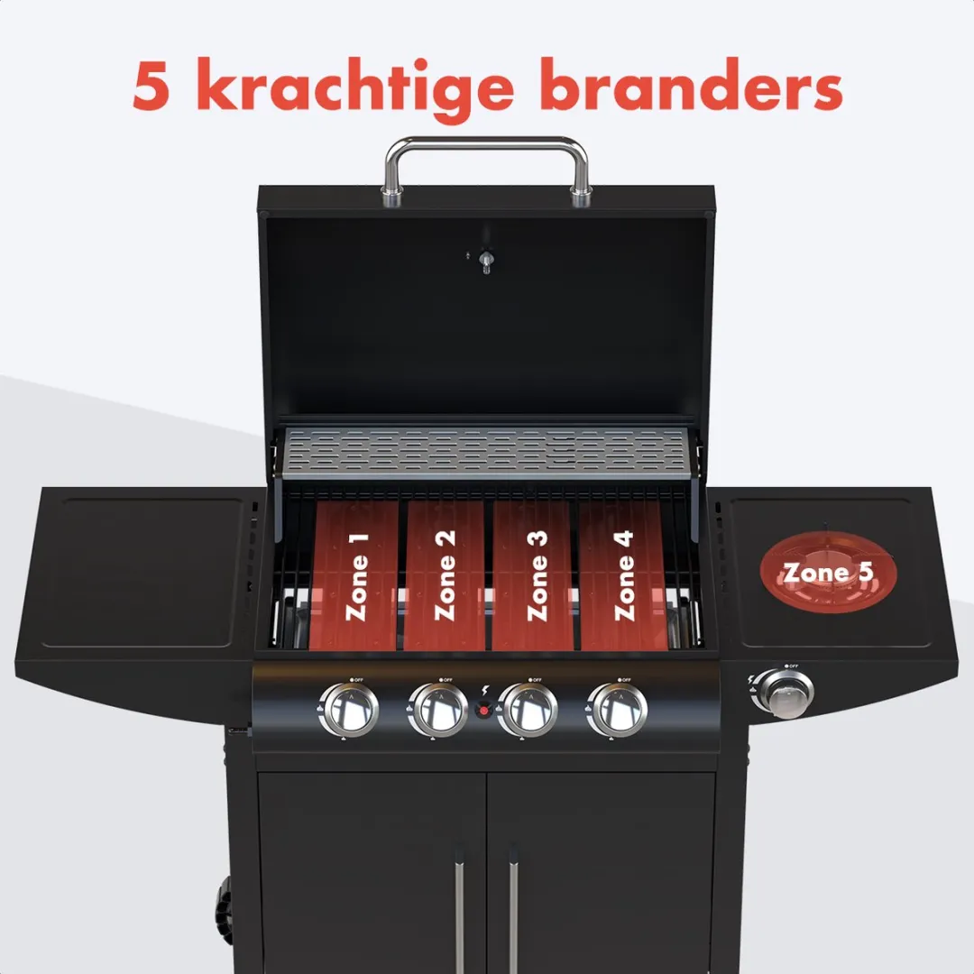 KitchenBrothers KB4020 Gas BBQ 5 Branders - 42x57cm - Zwart