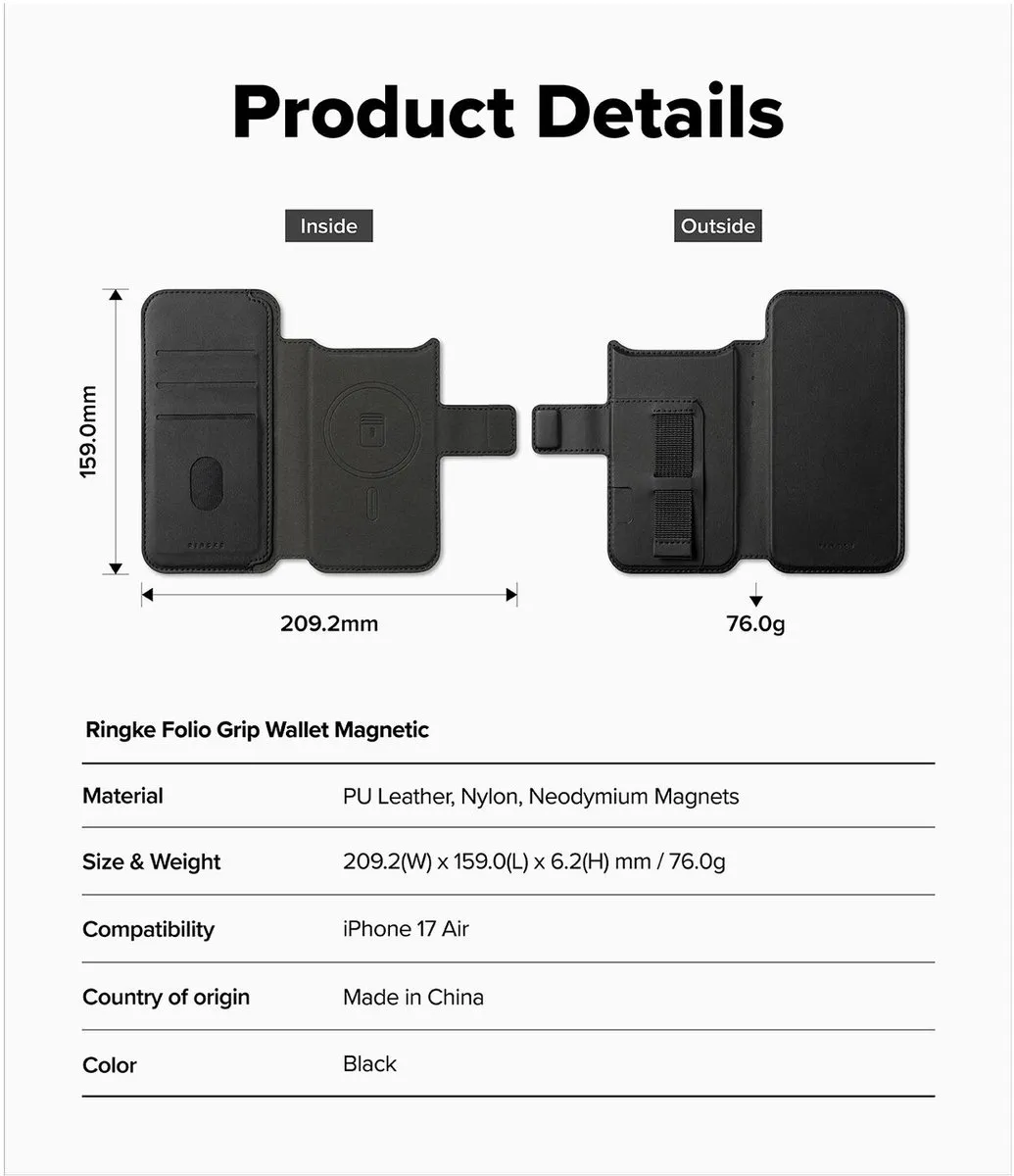 Ringke Folio Grip Wallet iPhone Air - Magneethouder - 3 Pasjes - Zwart - afbeelding 6 van 6