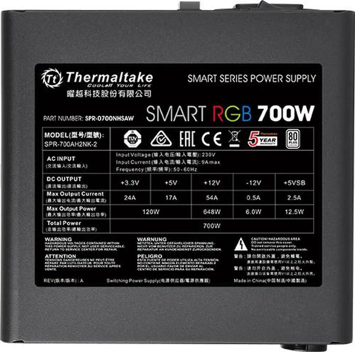 Thermaltake Smart RGB 700W PSU - 6x SATA - Zwart