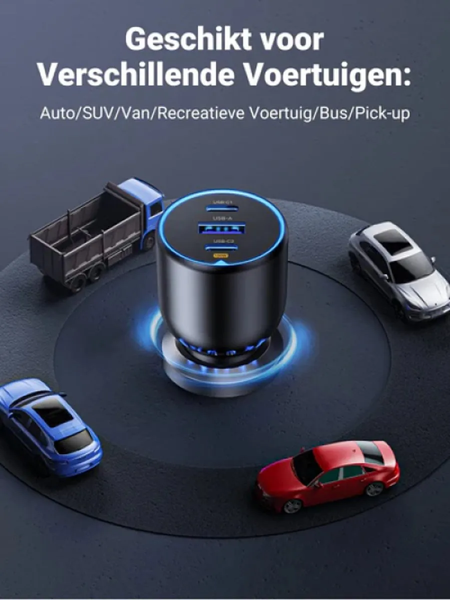 Ugreen Auto-snellader 130W - 3 Poorten - Zwart