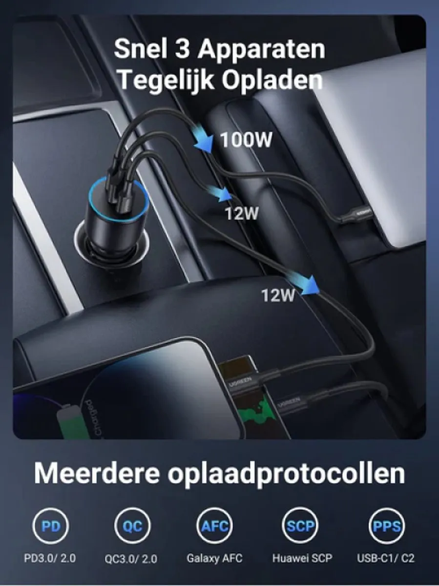 Ugreen Auto-snellader 130W - 3 Poorten - Zwart