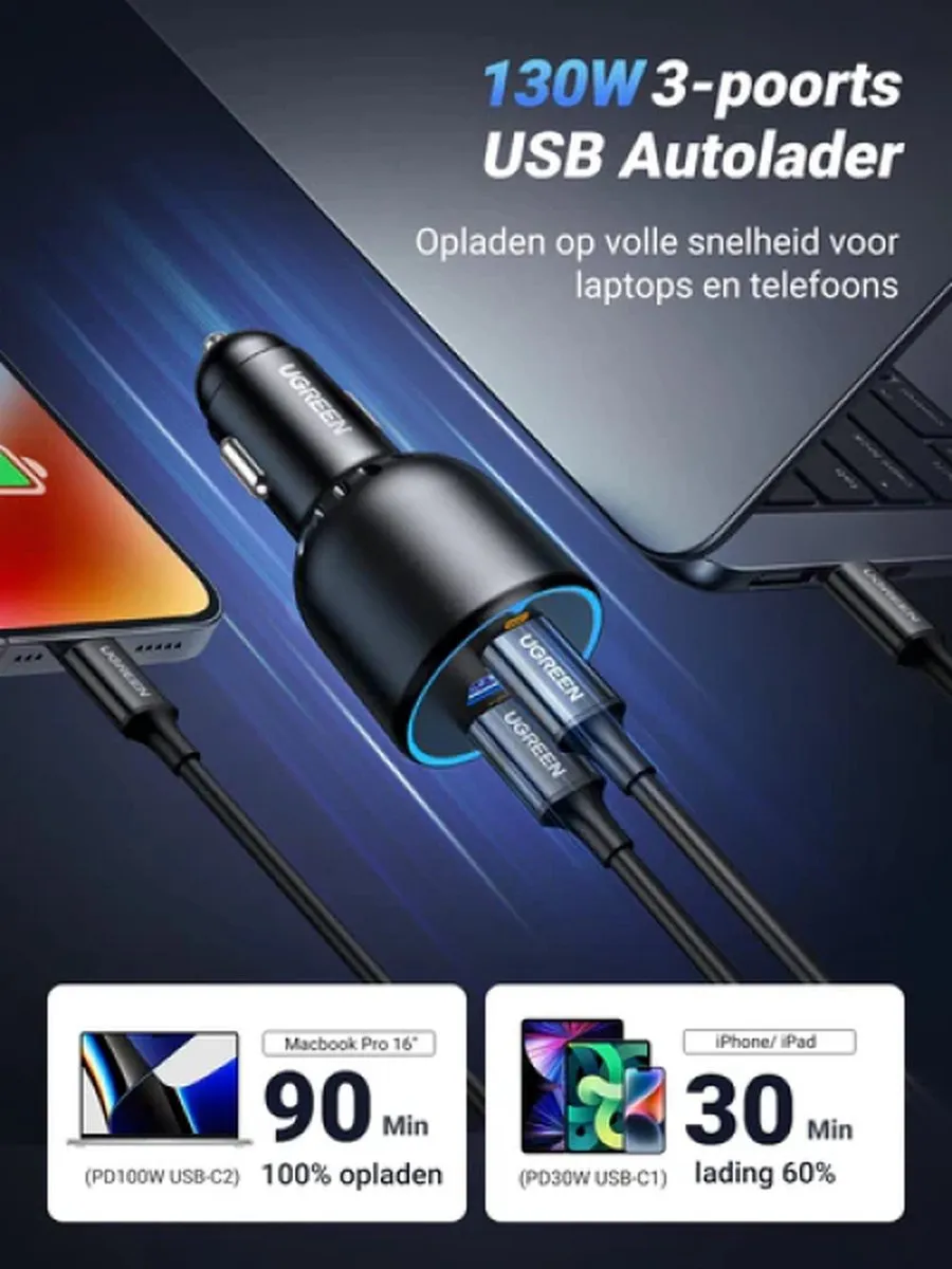 Ugreen Auto-snellader 130W - 3 Poorten - Zwart