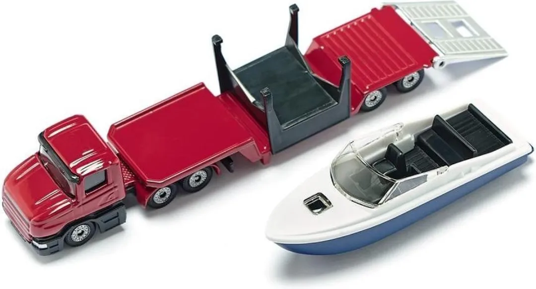 SIKU 1613 Dieplader met Boot - Rood/Blauw/Wit
