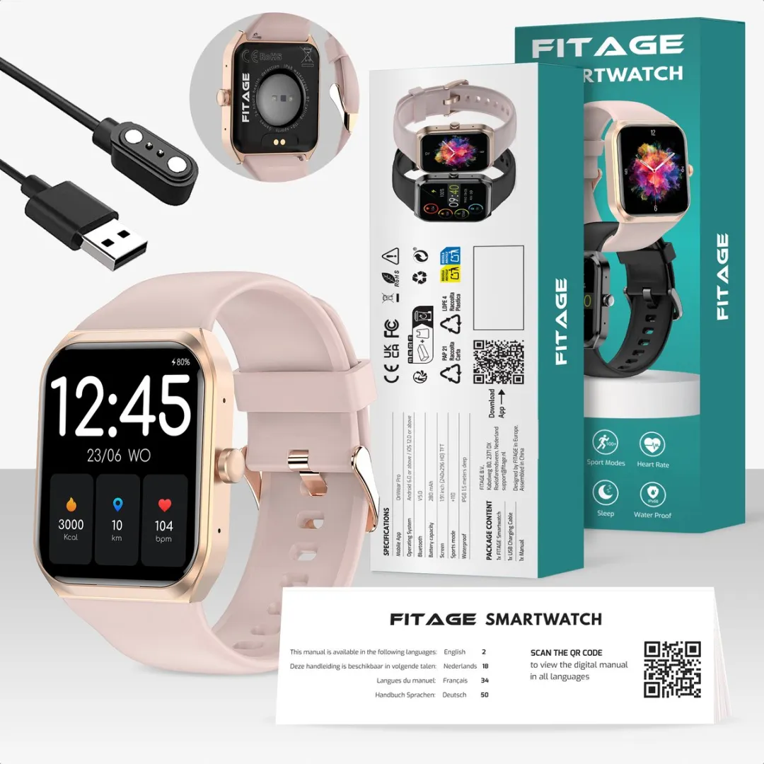 FITAGE Smartwatch - Smartwatches - Stappenteller - Sporthorloge - Smart watch - Activity Tracker - Dames en Heren - Roze