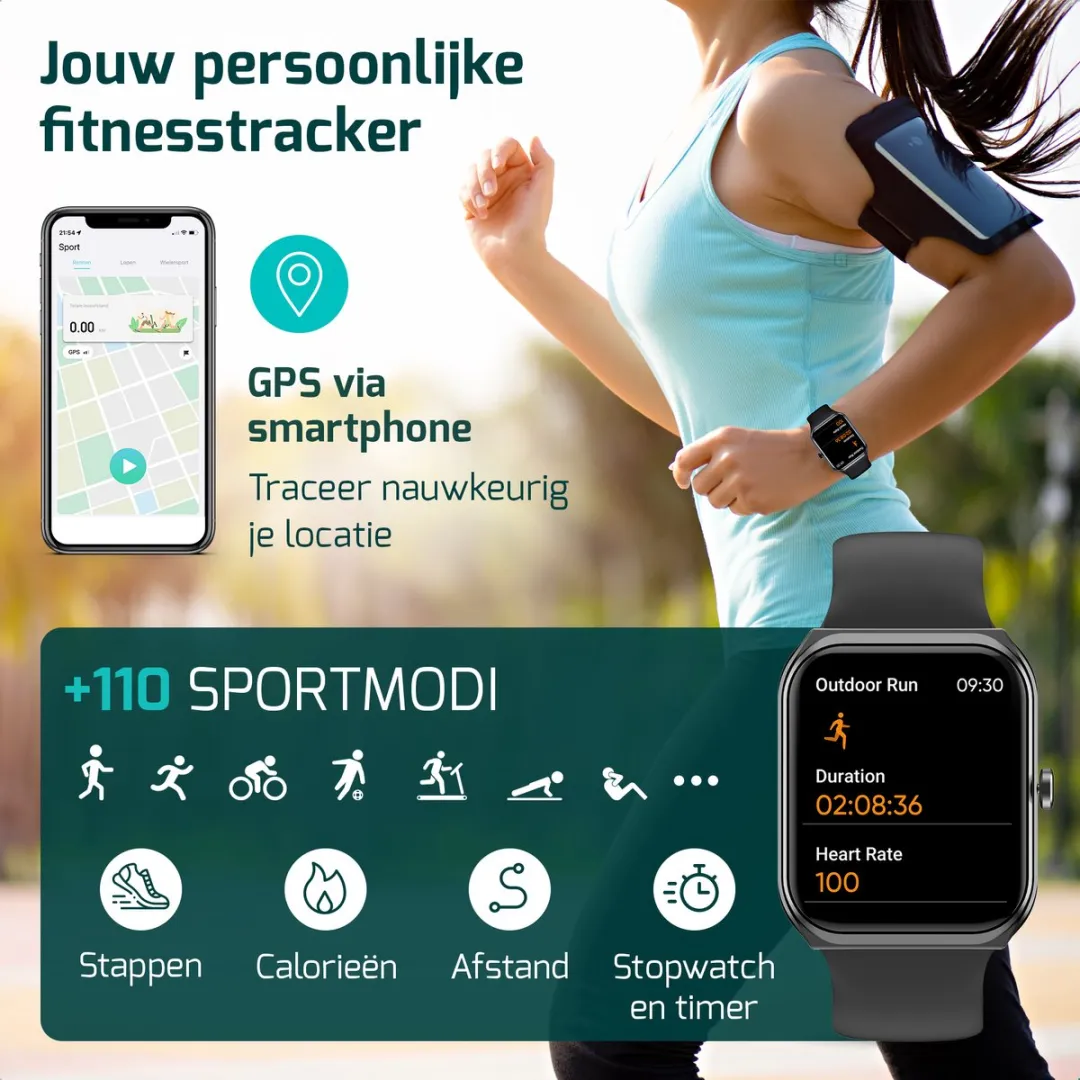 FITAGE Smartwatch - Smartwatches - Stappenteller - Sporthorloge - Smart watch - Activity Tracker - Dames en Heren - Zwart