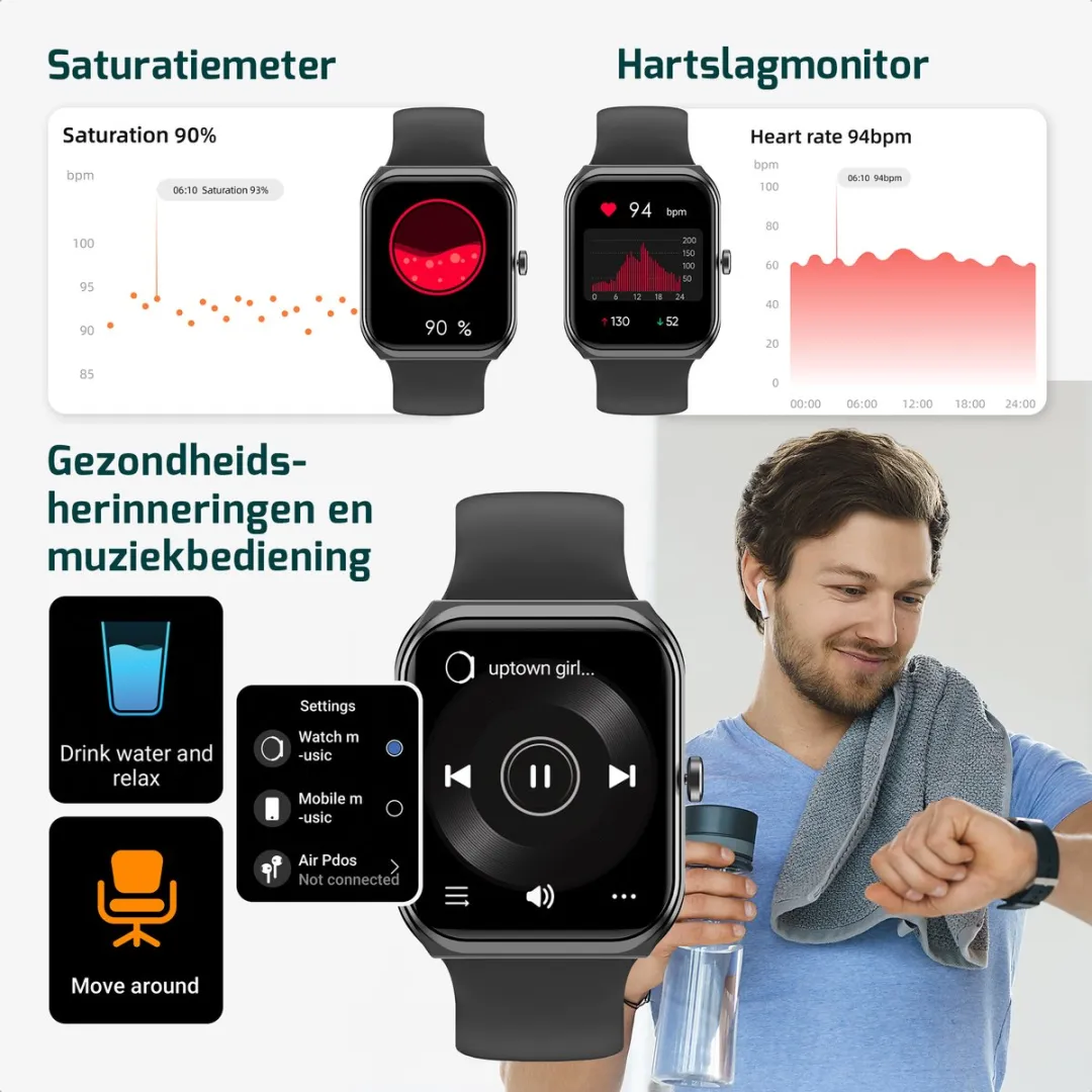 FITAGE Smartwatch - Smartwatches - Stappenteller - Sporthorloge - Smart watch - Activity Tracker - Dames en Heren - Zwart