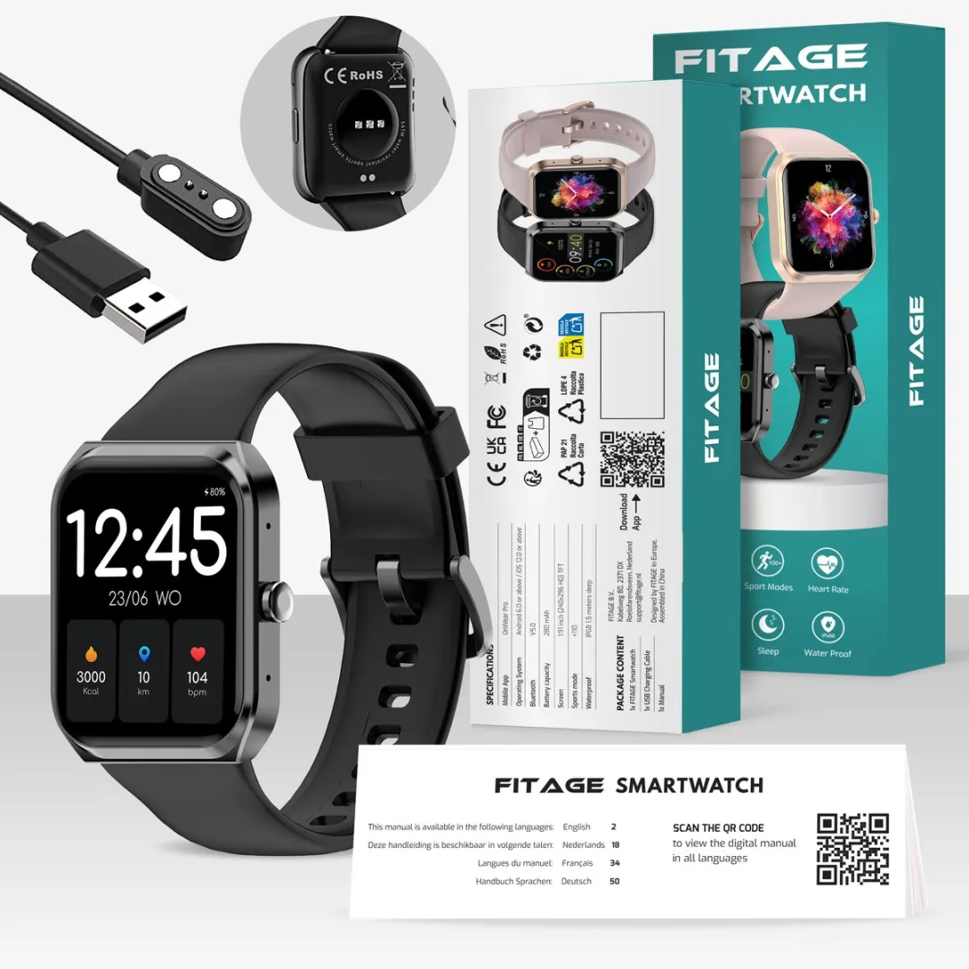 FITAGE Smartwatch - Smartwatches - Stappenteller - Sporthorloge - Smart watch - Activity Tracker - Dames en Heren - Zwart
