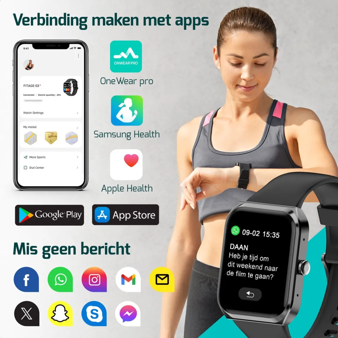 FITAGE Smartwatch - Smartwatches - Stappenteller - Sporthorloge - Smart watch - Activity Tracker - Dames en Heren - Zwart