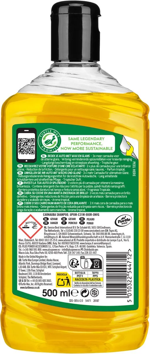 Turtle Wax Carnauba Wash & Wax - innovatief mengsel van oppervlakte actieve stoffen en carnaubawas - Geeft een beschermende laag - Extra glans - pH-gebalanceerd - 500ml