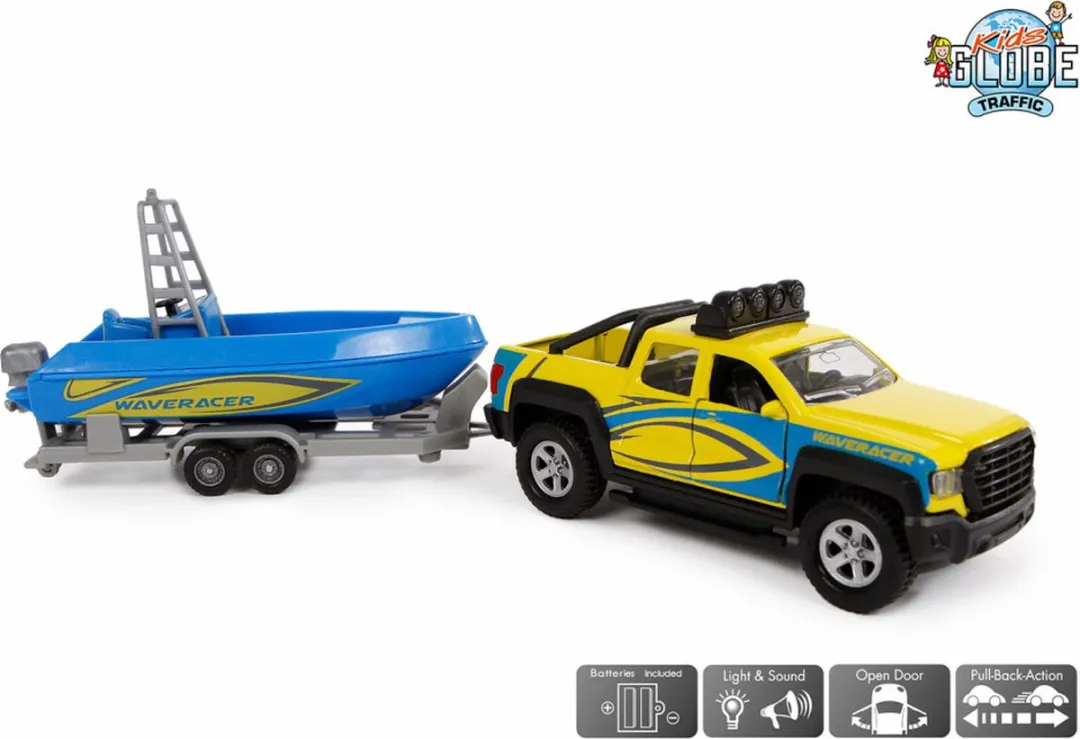 Kids Globe Terreinwagen met Trailer en Boot, 29cm
